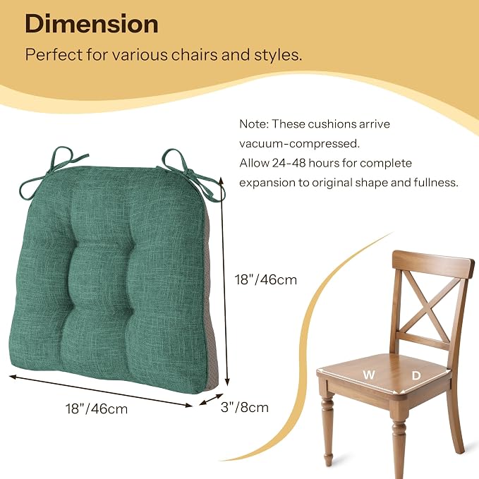 Chair Cushions for Dining Chairs Set of 4, 18"x18"x3", Green | Non-Slip with Ties, Tufted, Faux Linen, Seat Cushions for Dining Room Kitchen Breakfast Nook Indoor Home Office Living Room - Image 2