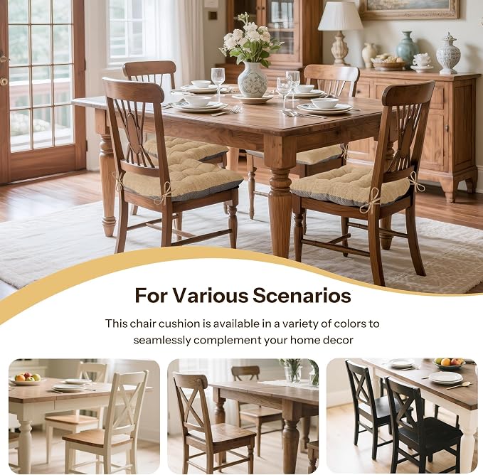 Chair Cushions for Dining Chairs Set of 4, 18"x18"x3", Cappuccino | Non-Slip with Ties, Tufted, Faux Linen, Seat Cushions for Dining Room Kitchen Breakfast Nook Indoor Home Office Living Room - Image 5
