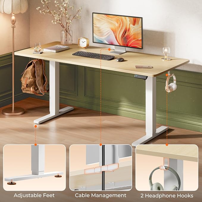 Huuger 63 x 28 Large Electric Standing Desk, Height Adjustable Computer Desk, 27.6" Deep Desktop, Stand up Gaming Office Table with 2 Hooks, 3 Preset Heights, for Home Office, Maple, 7021Q-1 - Image 7