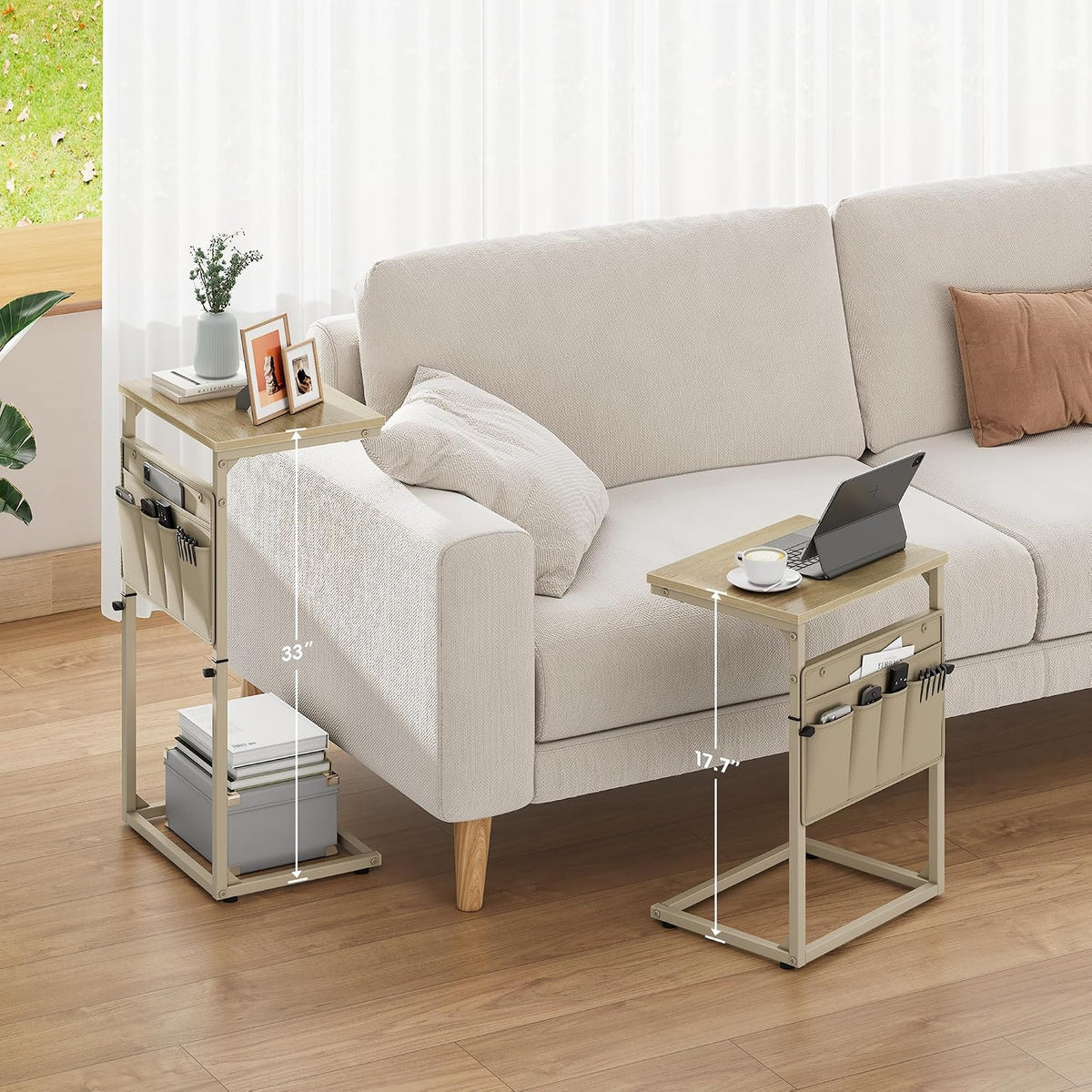 C Shaped End Table, 32'' Tall Side Table for Couch, Adjustable Height Small Couch Side Table for Small Spaces, End Table Slide Under Sofa Table TV Tray Table Arm Table for Living Room - Image 2