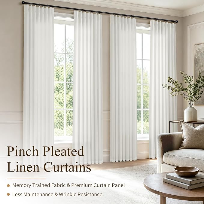 Hokibero Ivory Pinch Pleated Linen Curtains 120 Inch Long for Living Room | White Light Filtering Semi Sheer Curtain,Back Tab Hooks Rings,Farmhouse Textured Privacy Drapes for Bedroom Window,2 Panels - Image 2