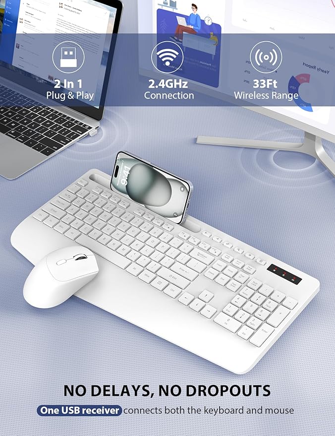 Wireless Keyboard and Mouse Combo - Full-Sized, Ergonomic Wrist Rest | Phone Holder, Sleep Mode, 2.4G Quiet Keyboard for PC Laptop, Trueque KM23 Complete Work Setup for Office or Home - Image 2