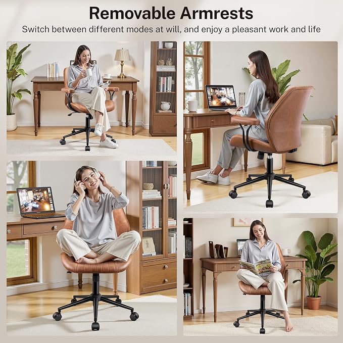 HeroSet Leather Office Chair with Removable Armrests, Mid Back Ergonomic Desk Chair with Lumbar Support, Adjustable Height Rocking Swivel Executive Chair for Home Office, Brown - Image 6
