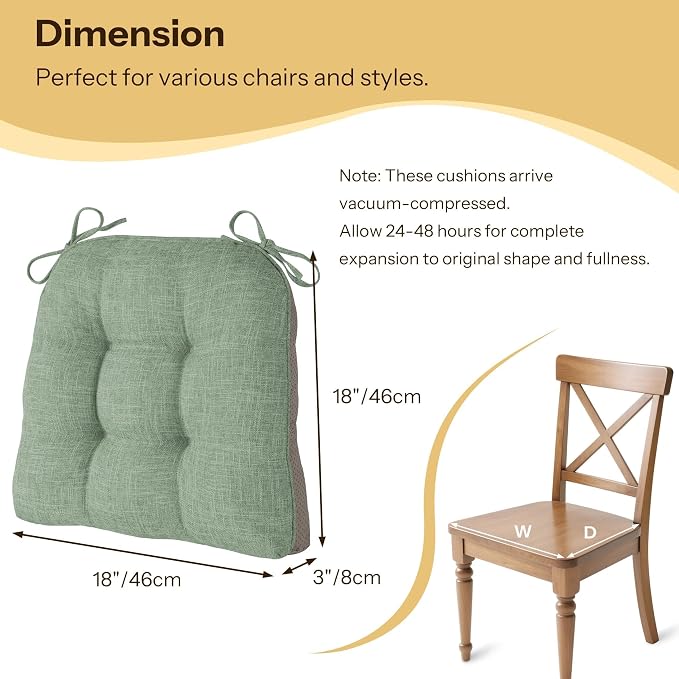 Chair Cushions for Dining Chairs 1 Piece, 18"x18"x3", Sage Green | Non-Slip with Ties, Tufted, Faux Linen, Seat Cushions for Dining Room Kitchen Breakfast Nook Indoor Home Office Living Room - Image 2