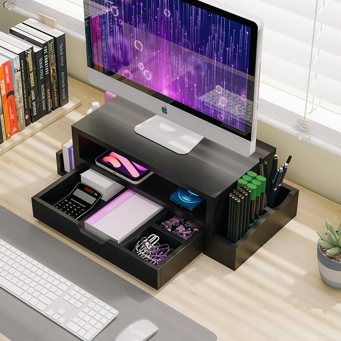 Simple Trending Wood Monitor Stand Riser, Desktop Oraganizer, Black | Desk Organizer and Accessories, Laptop & Printer Stand, Drawer & Pen Holder, for Home Office, 20.25"W x 9.25"D x 5.5"H - Image 7