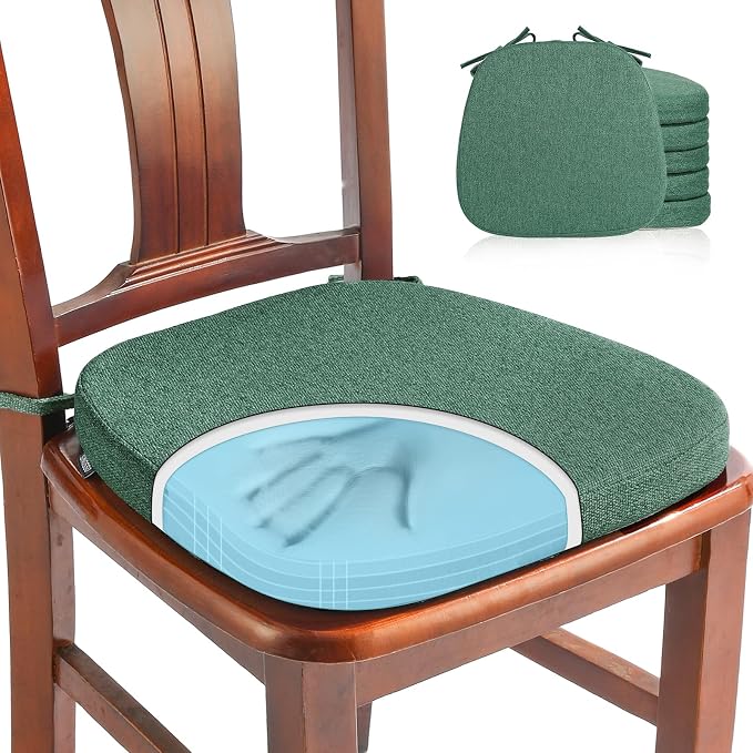 SINOSSO 6 Pack Memory Foam Chair Cushions for Dining Chairs, Friendly Woven Fabric 16" U-Shape Comfortable Kitchen Chair Pads, Removable Slip Resistant Seat Cushions (Set of 6, Green) by SINOSSO