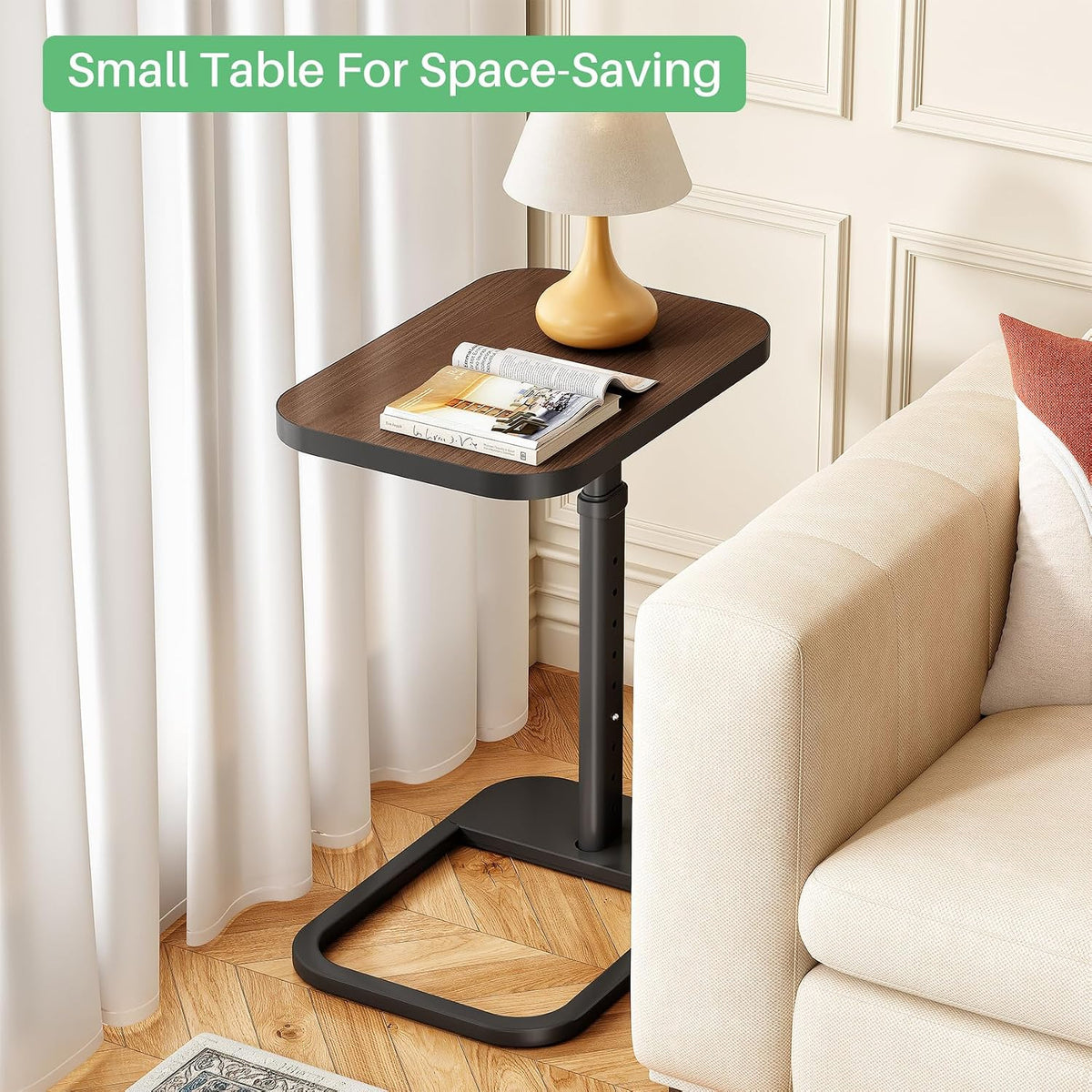 Kitstorack Adjustable Height C-Shaped End Table, 9-Level Side Table with Thickened Metal Rounded Edge, Couch Table Slides Under Sofa or Bed, Eating, Working, TV Tray Table for Small Spaces, Espresso - Image 9