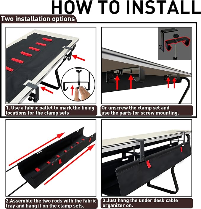 No Drill Under Desk Cable Management Tray, 28" Desk Cable Organizer | Premium Oxford Fabric Cable Management, Clamp Screw Desk Cable Management, Large Capacity Table Cable Organizer for Office - Image 6