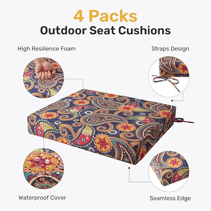 UNIKOME Outdoor Chair Cushions Pack of 4, Water Resistant Patio Cushions with Ties, High Density Sponge Filling Square Corner Seat Cushions for Outdoor Furniture, 18.5"*16"*3", Palmira Paisley - Image 2