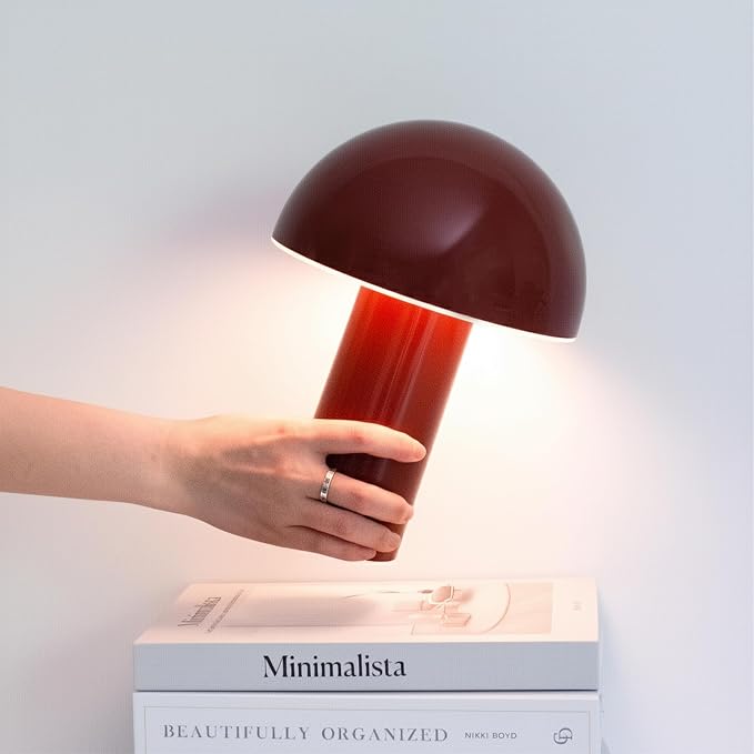 Brightech Celia Mood Lamp – 10" Touch-Controlled Mushroom Table Lamp, Cordless & Dimmable LED, Portable & Rechargeable Bedside Night Light, Sustainable Recycled Modern Patio Lamp for Home Décor – Red - Image 9
