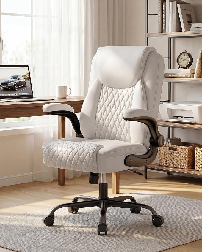 COMHOMA Mid-Back Office Chair, Ergonomic PU Desk Chair with Flip up Arms, Small Computer Gaming with Comfy Lumbar Support,Rocking Function,Sturdy Metal Base, White - Image 3