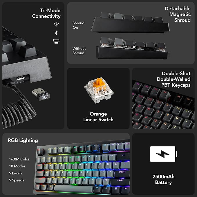 TECWARE Phantom+ Elite TKL 87 Key RGB Mechanical Gaming Keyboard | Wireless Bluetooth 5.0 2.4GHz USB C Wired | Hot Swappable 5 Pin | Double Shot PBT Keycaps | Creamy Wraith Orange Linear Switch, Black - Image 3