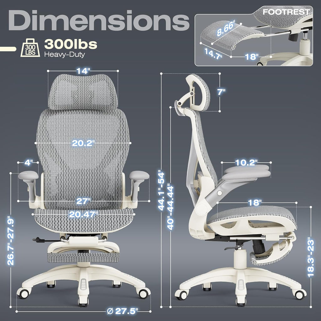 ELABEST X100 Ergonomic Mesh Office Chair with Footrest, Big and Tall Home Desk Chair with 5D Flip-Up Arms, Adjustable 3D Lumbar Support, Gaming & Executive Computer Chair - Image 2