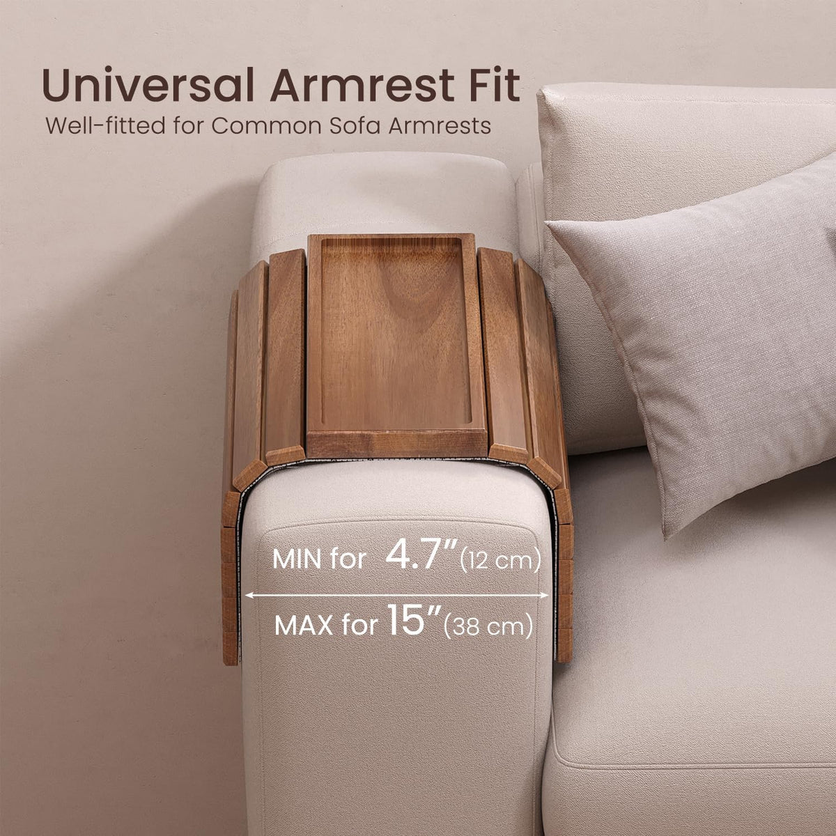 Acacia Wood Folding Sofa Arm Tray with Anti-Slip Pad - Image 2