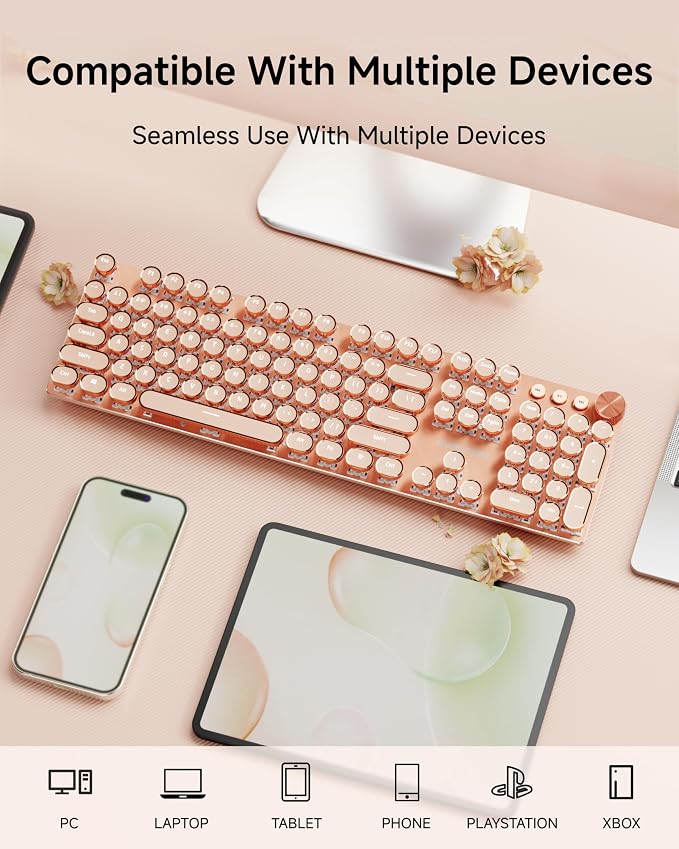 SEUNKWANG EWEADN V20 Typewriter Keyboard Wireless, 104 Keys Mechanical with White Backlit, Media Knob, Pink Switch 2.4G/Bluetooth/USB-A Wired Retro Full Size Keyboard for Windows/Mac/PC-Pink - Image 3