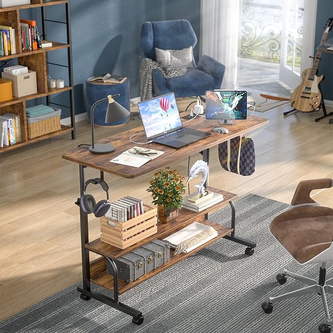 39" Rolling Standing Desk with Charging Station for Couch Bed | Height Adjust 27.5-41", 2 AC/3 USB, Mobile 4 Lockable Wheels, 2-tier Shelves Hook, Safe Corner Fast Assembly - Image 2