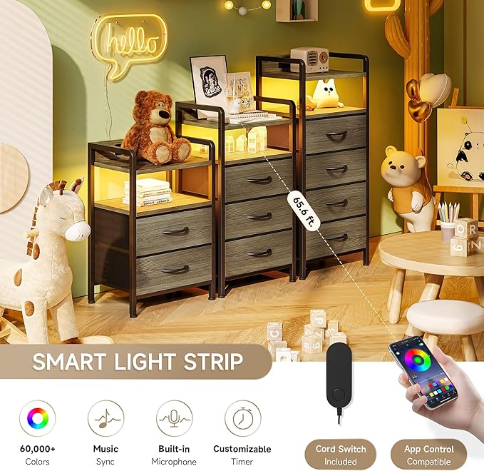 Lazzanto Nightstand with Rear Charging Station, LED Light, 3 Drawers, Grey | Industrial Nightstand, 2 USB-A Ports & AC Outlets, Raised Back Guard, Fabric Storage Drawers, Bedside Table for Bedroom, Dorm - Image 4