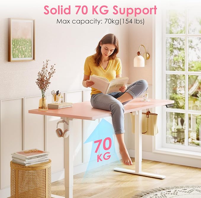 48" Pink Electric Standing Desk Height Adjustable for Home Office | 3 Memory Presets, Rear Cable Notch, Dual Side Hooks, Stand Up Desk for Bedroom, Study room, Home Office and Vanity Space - Image 5