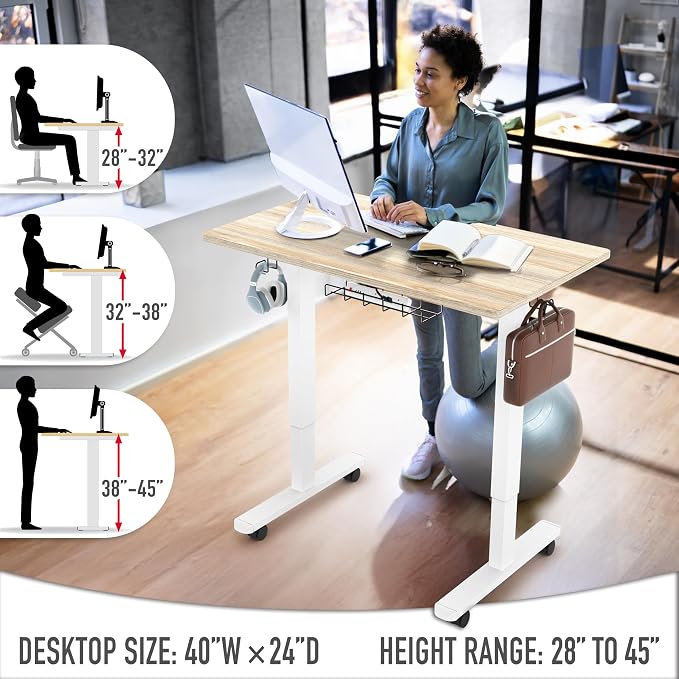 SHW Mobile Electric Height Adjustable Standing Desk w/Drawer, Maple | 40" Wide Top | w/ Memory Presets and Cable Management | Drawer with adjustable compartments | Hanging Hooks - Image 6