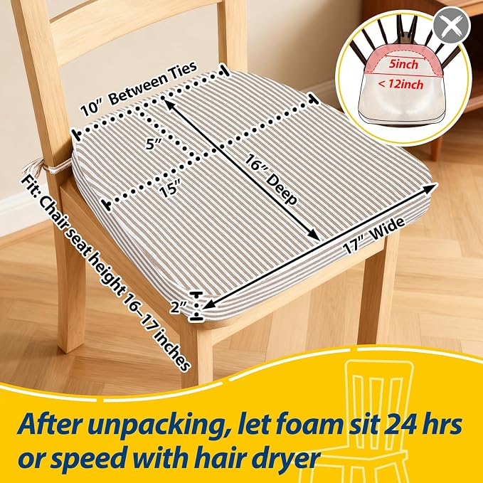 AAAAAcessories D-Shaped Chair Cushions, 2" Thick Dining Chair Pads with Ties and Removable, Machine-Washable Cover, 17" x 16", Set of 8, Natural Sand Pinstripe - Image 2