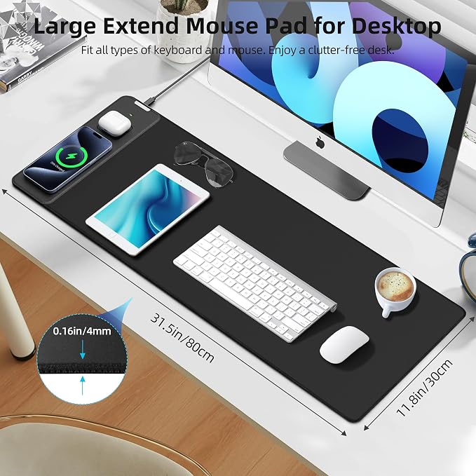 Mouse Pad with Wireless Charging, Large Desk Mat for Gaming, 31.5"x11.8" | Ultra-Smooth Surface, Non-Slip Rubber Base, Waterproof Computer Keyboard Pad for Gamer, Desk, Office, PC, Laptop, Black - Image 3