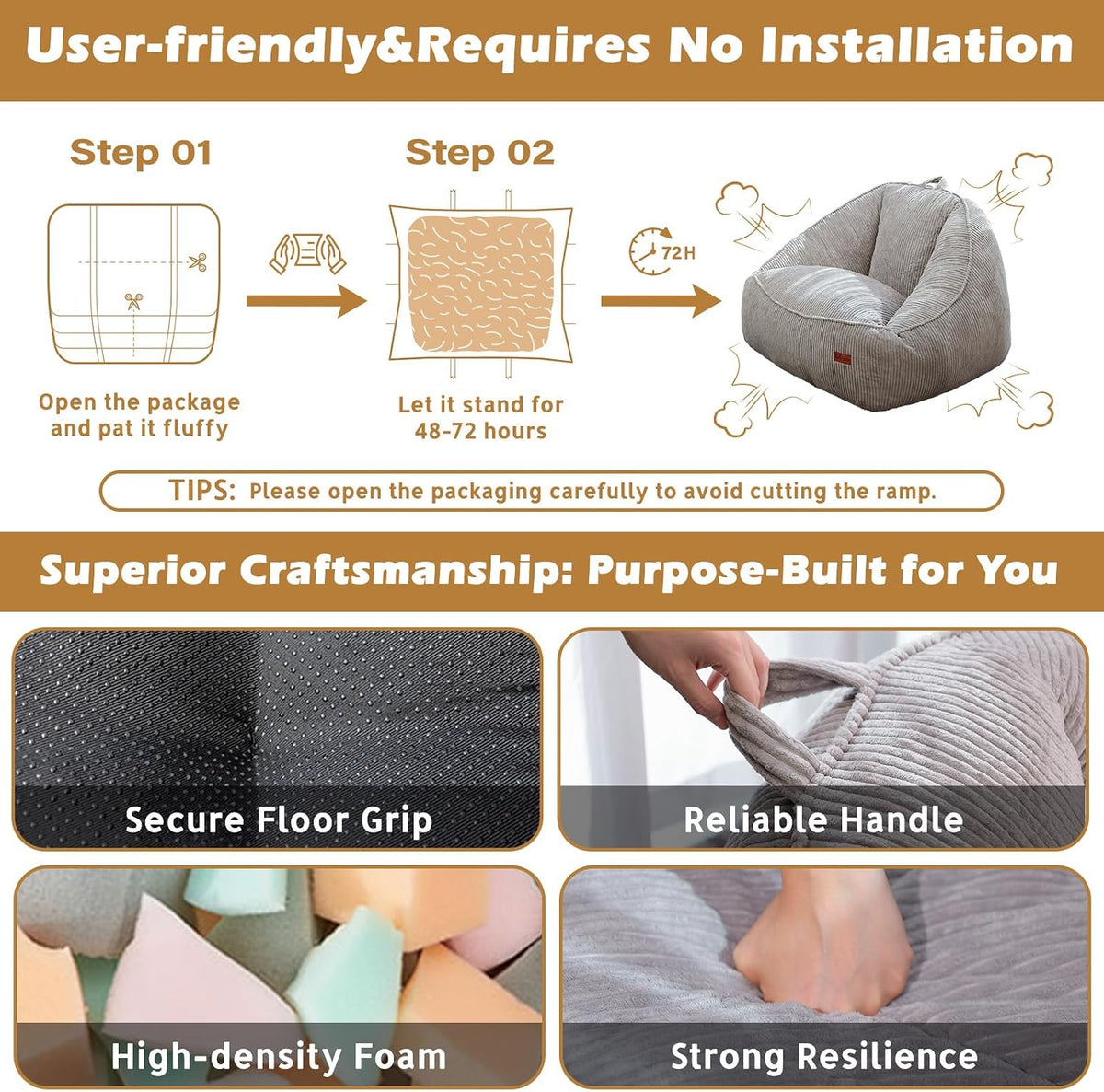 Bean Bag Chair, Cozy Fluffy Beanbag Chairs with Filler for Teens and Kids, Floor Lazy Sofa for Living Room Gaming & Reading (S-Light Grey) - Image 4