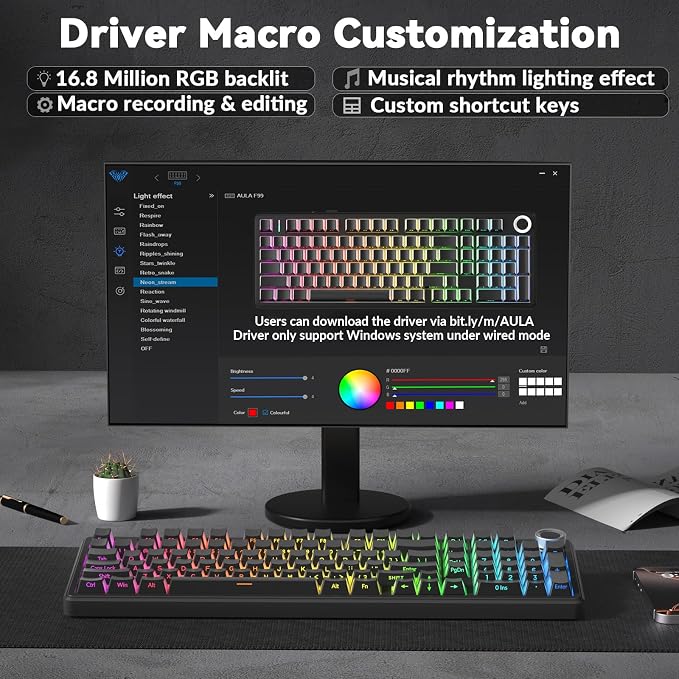 AULA F99 Pro Wireless Mechanical Keyboard-Silent Version,BT5.0/2.4GHz/USB-C Hot Swappable Custom Keyboard,Gasket Structure,Pre-lubed Linear Switches RGB Backlit Computer Gaming Keyboards,Black - Image 7