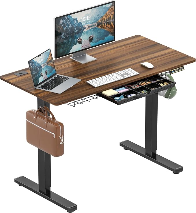 SHW 48-Inch Electric Height Adjustable Standing Desk w/Drawer, Walnut | w/ Memory Presets and Cable Management | Drawer with adjustable compartments | Hanging Hooks by SHW