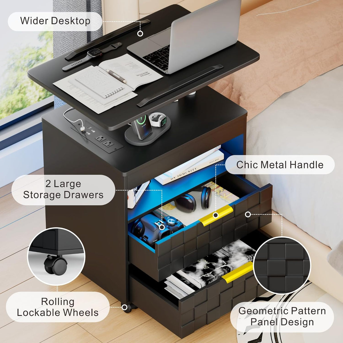 Rolling Nightstand with Wheels, LED Lights, Charging Station - Image 6