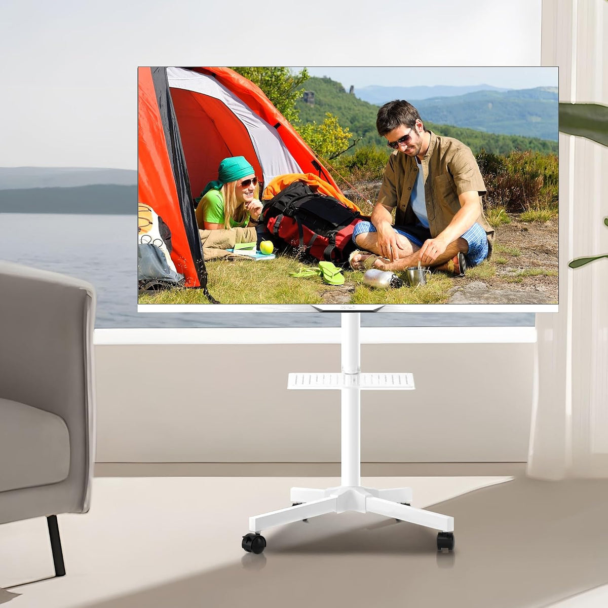 Mobile TV Carts on Wheels for 21-60 Inch Flat/Curved Panel Screens TVs - Height Adjustable Floor Trolley Stand with Shelf Holds up to 77lbs - Max VESA 400x400mm, White - Image 7