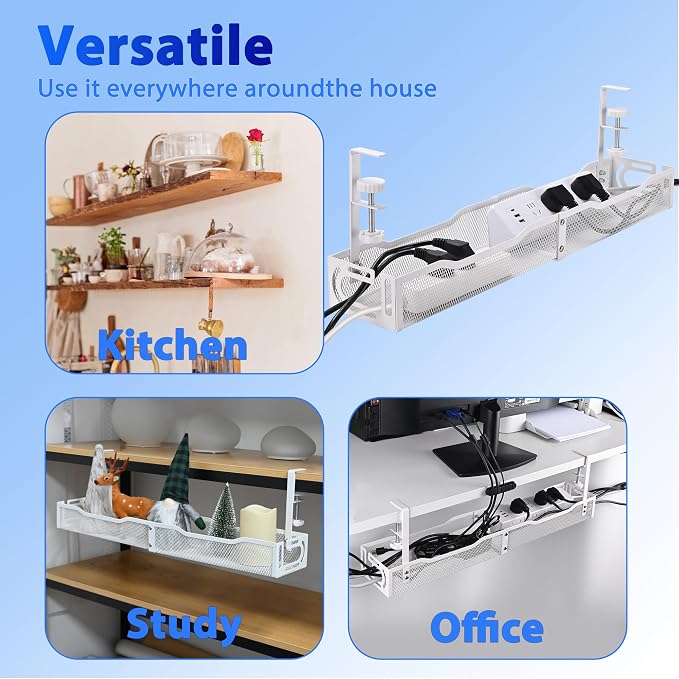 Under Desk Cable Management Box 25.3 Inch – Clamp-Mounted Cable Organizer Tray, Large Cord Management Box for Office & Home, Wire Organizer Under Desk Storage, White - Image 6