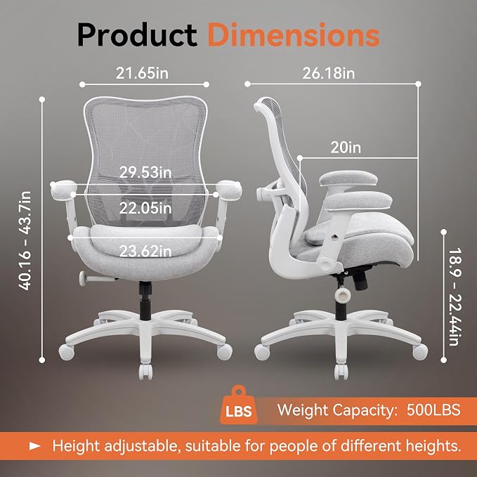Big and Tall Office Chair 500lbs Heavy Duty Ergonomic Mesh Desk Chair with 23.6" Extra Wide Seat, 29.5" High Back, Adjustable Lumbar Support Flip-Up Arms for Large Body Types(Light Gray) - Image 2
