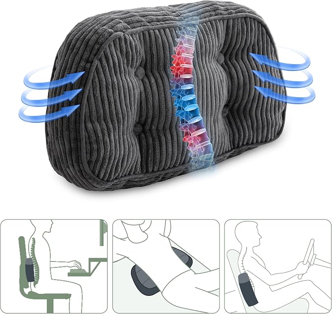 HIGOGOGO Lumbar Support Pillow for Recliner Chair/Accent Chair/Couch/Office Chair, Tufted Corduroy Back Support Cushion for Elderly, Recliner Cushions for Back Rest, Pain Relief, Reading, Dark Grey - Image 2