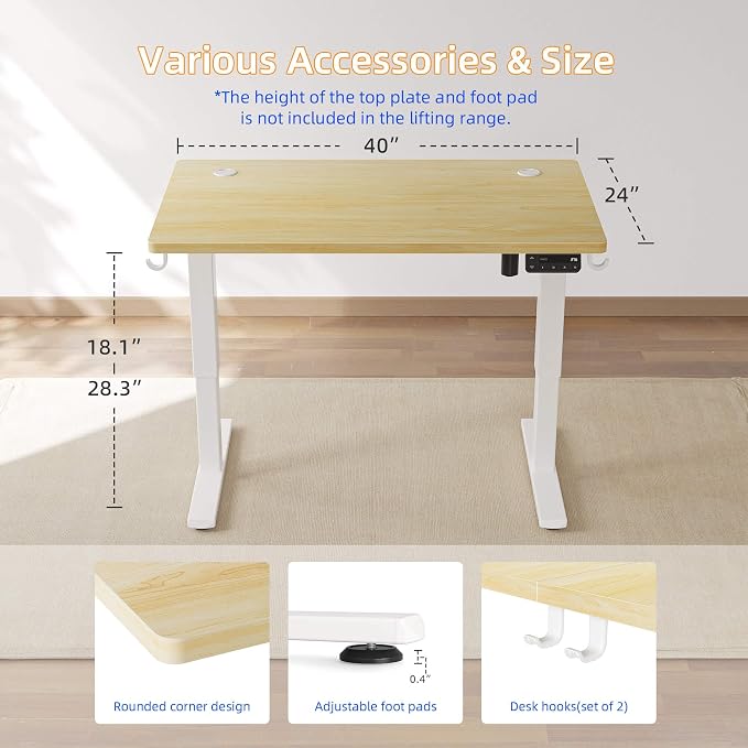 YIHAYO Low Height Adjustable Desk, Lifts 18.1-28.3 Inches, Electric Standing Desk for Short People, 40 x 24 Inches Computer Table with Splice Board for Home Office, Natural - Image 3