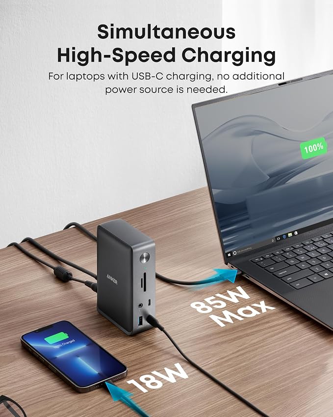 Anker Laptop Docking Station, 13-in-1 USB C Docking Station, Triple Display | 2 HDMI and 1 DP, 10Gbps USB-C and 5Gbps USB-A Data Ports, Ethernet, Audio, SD/TF, 85W Charging for Dell, HP, Lenovo and More - Image 4