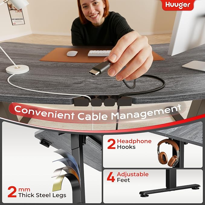 Huuger Electric Standing Desk with Power Outlets and USB-C Port, 47 X 24 Inch Height Adjustable Desk, Sit Stand Desk for Home Office, Computer & Gaming Desk with 4 Presets, Stable Steel Frame, Grey - Image 6