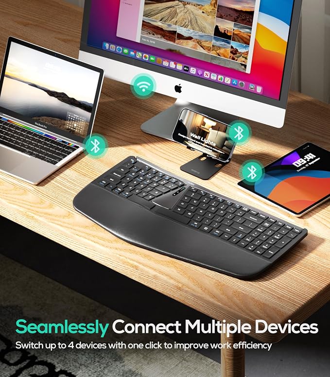 Nulea Ergonomic Split Wireless Keyboard with Cushioned Wrist Rest | Bluetooth and 2.4G Connection with USB-C Charging, Multi Device Support for Laptop, PC, Mac and Windows - Image 3