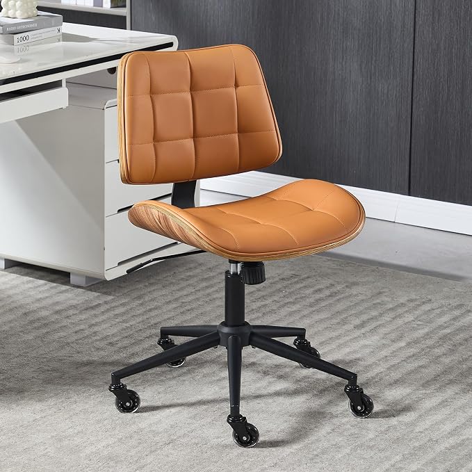 Home Office Desk Chair with Rubber Wheels, Armless Bentwood, Brown | Adjustable Height Armless Office Chair, PU Leather Mid Back 360°Small Computer Chair, No Arms Walnut Seating, 300LBS Support - Image 9