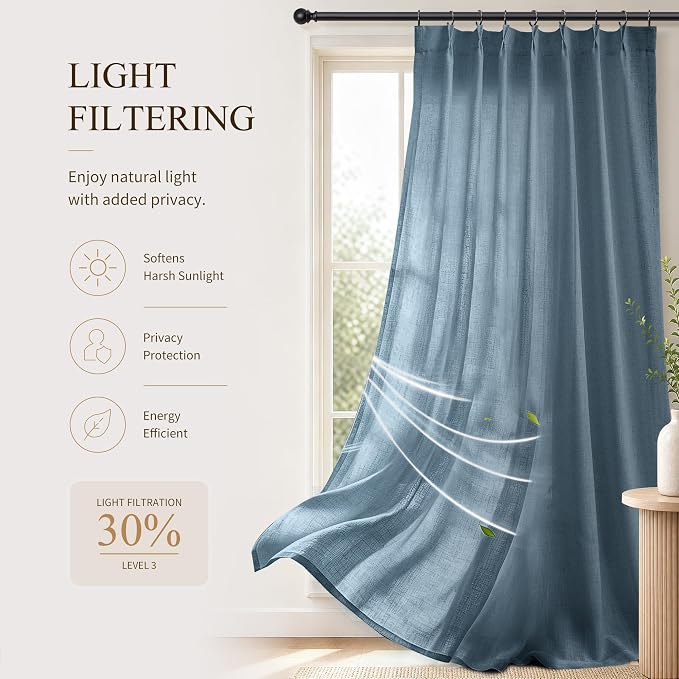 Hokibero Blue Pinch Pleated Linen Curtains 63 Inch Long for Living Room | Light Filtering Sheer Curtain,Pinch Pleat Back Tab Hooks Rings,Farmhouse Textured Privacy Drapes for Bedroom Window,2 Panels - Image 6