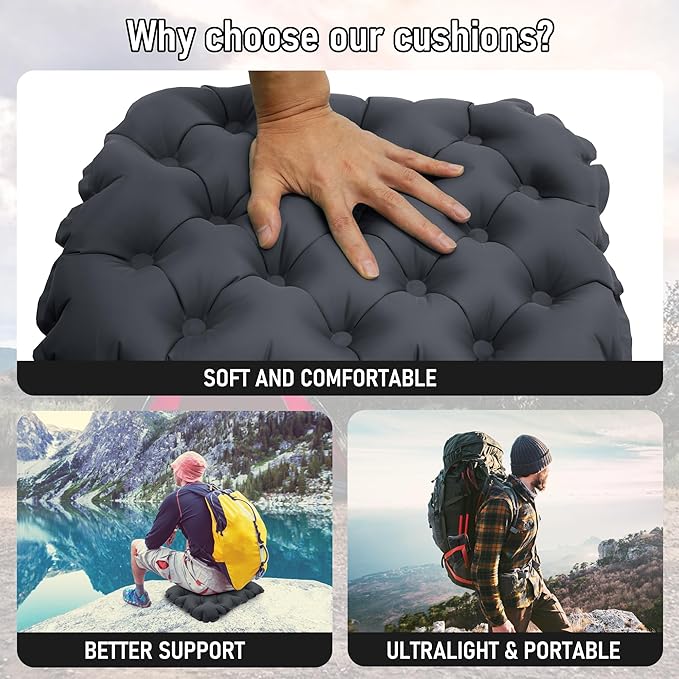 Inflatable Seat Cushion, Lightweight Stadium Seat Pad, Travel Air seat Cushion Anti-Slip for Airplane, Long Flights, Hiking, Climbing, Home and Camping, Compact Air Cushion,Black - Image 6
