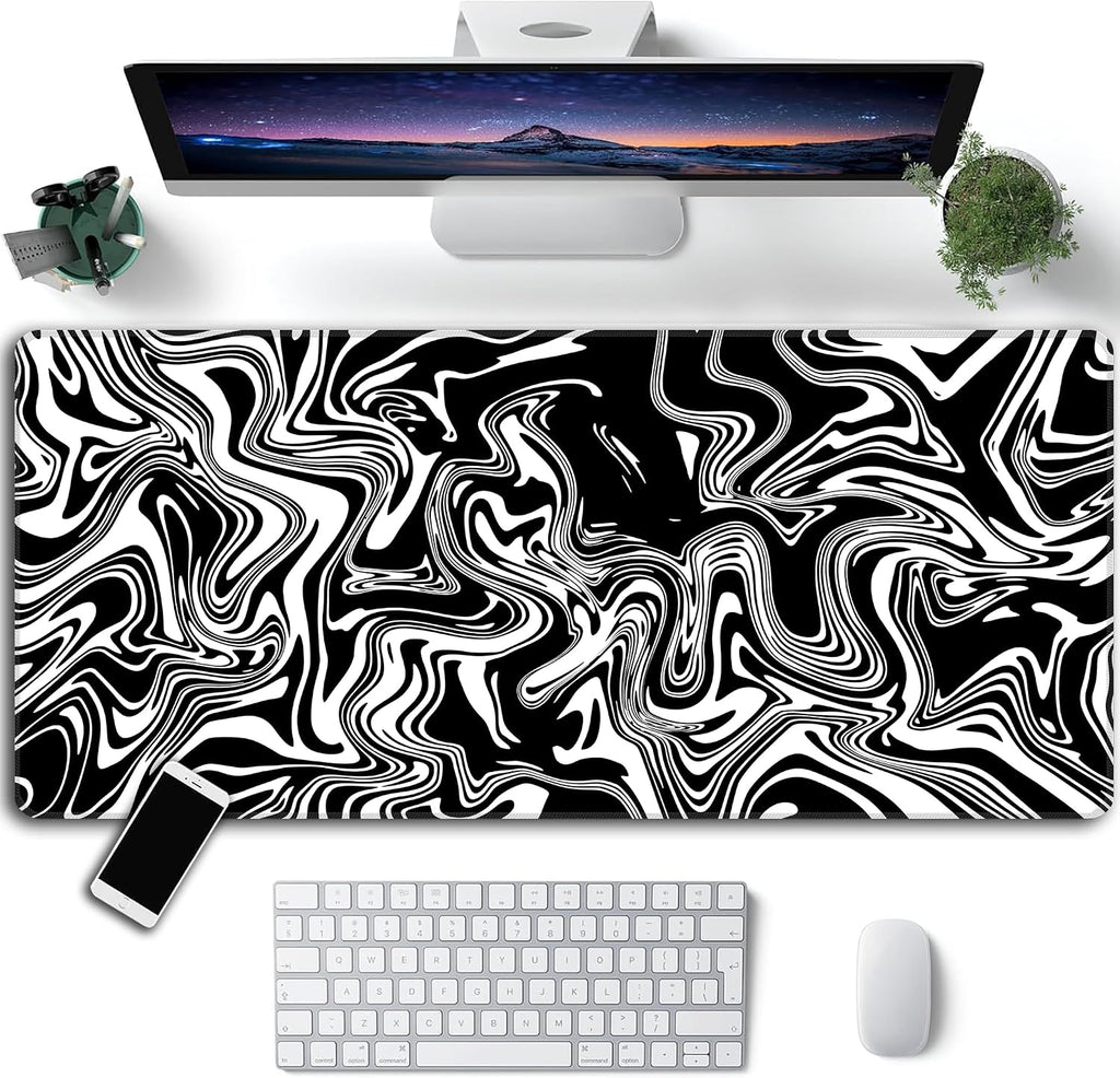Black Gray Fluid Mouse Pad,XXL 35.4"x15.7" Big Gaming Mousepad,Marble Large Extended Mouse Mat,Non-Slip Rubber Base Waterproof with Stitched Edges for Gaming Office Home - Image 2