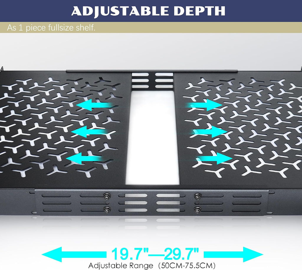 1U Rack Shelves (2-Pack), 1 PCS 8" Deep Cantilever & 1 PCS 12" Deep Cantilever, with Optional Joints to Combine as One Full Size Server Rack Shelf - Image 3