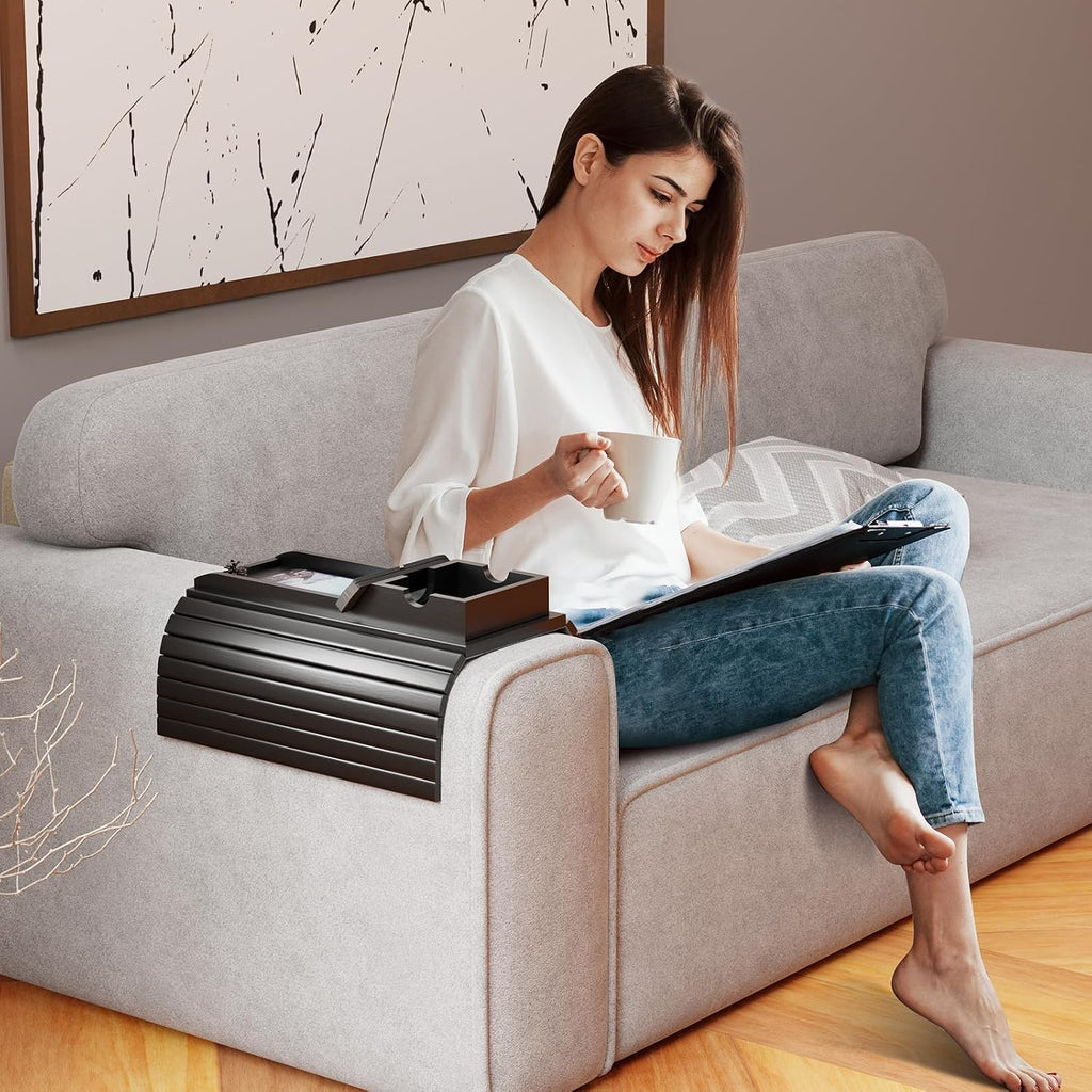 Bamboo Couch Armrest Table with Detachable Cup Holder Tray (Black) - Image 6
