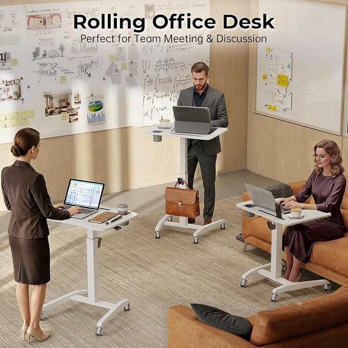 27" Mobile Rolling Standing Desk with Lockable Wheels, White | Small Laptop Cart Height Adjustable with Cup Holder, Slot, Hook, Portable Pneumatic Teacher Rising Workstation for Classroom - Image 8