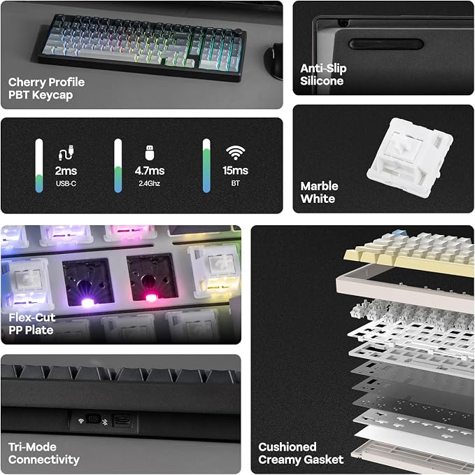 EPOMAKER Galaxy100 Lite QMK/VIA Gaming Keyboard with 8000mAh Battery | 1800 Aluminum Mechanical Keyboard with Numpad, USB-C/BT/2.4Ghz, Hot-Swap, Creamy Sound (Black, Marble White Switch) - Image 3