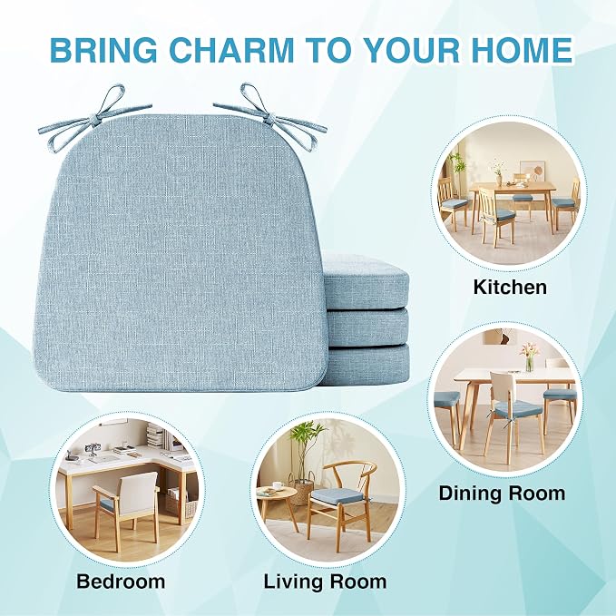 IASEAHK Chair Cushions for Dining Chairs Set of 4, Non Slip Kitchen Chair Pads, 17" x 16" x 2", Indoor Dining Chair Cushions with Ties, D-Shaped Seat Cushions for Kitchen Chairs, Light Blue - Image 7