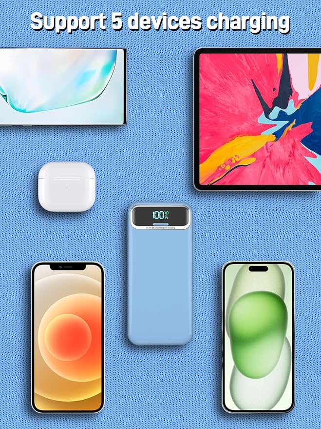 Nusyddy Portable Charger 20000mAh Fast Charging w/Built-in Wall Plug Blue | 22.5W Fast Charging, High Capacity, LED Display, Charge 5 Devices at once, TSA Approved, Compatible with iPhone/Samsung - Image 6