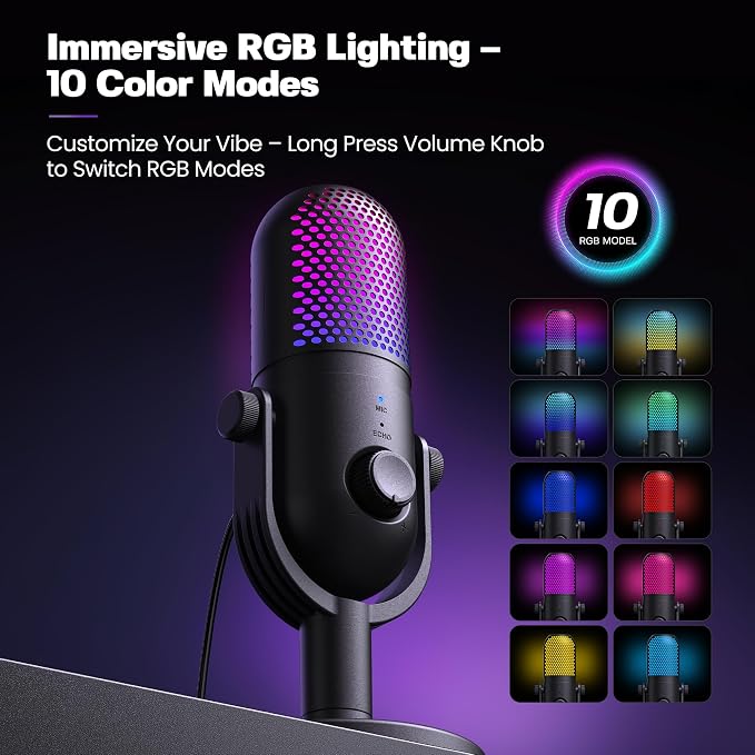 USB Microphone for PC Gaming: Condenser Microphone RGB for Gamer with Stand Mic - Recording Mic for Computer&Laptop with Qiuck Mute - Desk Podcast Mic for Podcast & Singing & Streaming & Youtube Black - Image 2