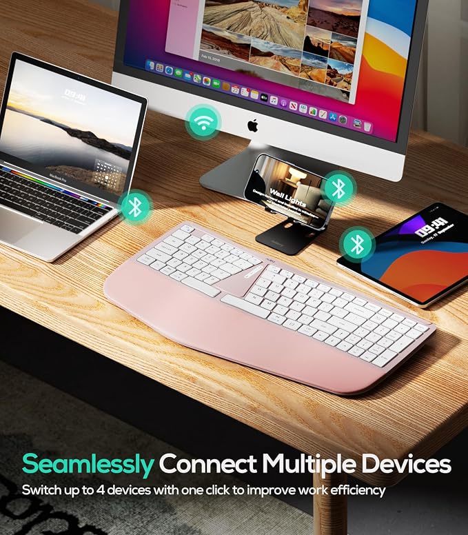 Nulea RT07B Wireless Ergonomic Keyboard - Split Keyboard, Wrist Rest, Natural Typing, Bluetooth and USB Connectivity, USB-C Rechargeable,Compatible with Windows Mac (Silver White) - Image 3