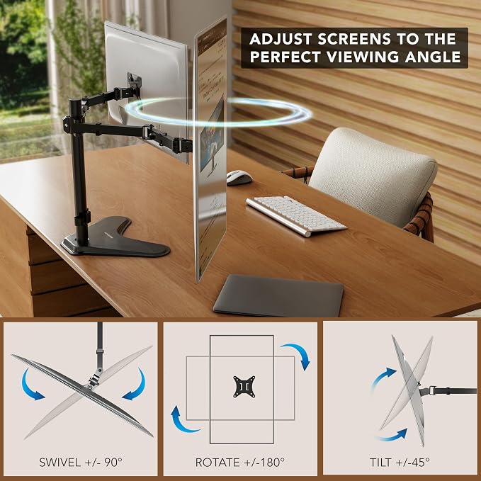 Mount-It! Dual Monitor Stand, Premium Adjustable Desk Mount for Two 13–32 Inch Screens up to 17 lbs Each, Full Motion Swivel Tilt Rotate Height Adjustable Arms, VESA 75x75 100x100, Steel Base - Image 3
